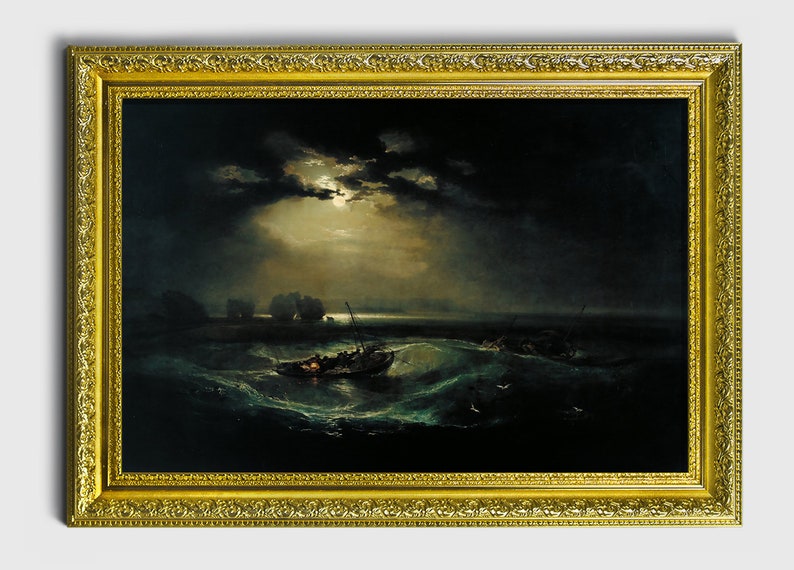 Pode incluir: Uma pintura a &oacute;leo emoldurada que retrata uma paisagem mar&iacute;tima tempestuosa &agrave; noite. Um pequeno barco com uma lanterna &eacute; sacudido pelas ondas, enquanto uma lua cheia brilha atrav&eacute;s das nuvens.