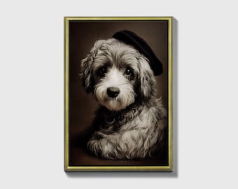 Der Franzose, Gerahmtes Original Hundeportrait Ölgemälde Druck auf Leinwand im Goldrahmen