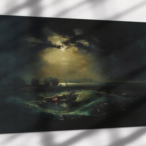 K&ouml;nnte beinhalten: Ein Gem&auml;lde, das ein kleines Boot mit Menschen darin zeigt, das von gro&szlig;en Wellen in einem dunklen, st&uuml;rmischen Meer herumgeworfen wird. Der Mond ist am Himmel sichtbar und beleuchtet die Szene mit einem schwachen Licht.