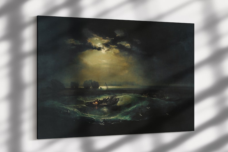 K&ouml;nnte beinhalten: Ein Gem&auml;lde, das ein kleines Boot mit Menschen darin zeigt, das von gro&szlig;en Wellen in einem dunklen, st&uuml;rmischen Meer herumgeworfen wird. Der Mond ist am Himmel sichtbar und beleuchtet die Szene mit einem schwachen Licht.