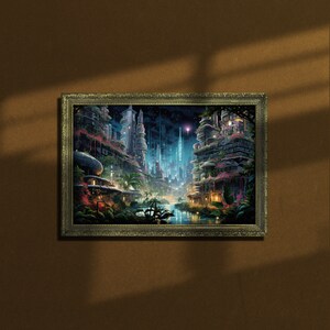 May include: A framed painting depicting a futuristic city with tall buildings, a river, and lush greenery. The city is lit up at night, with stars visible in the sky.