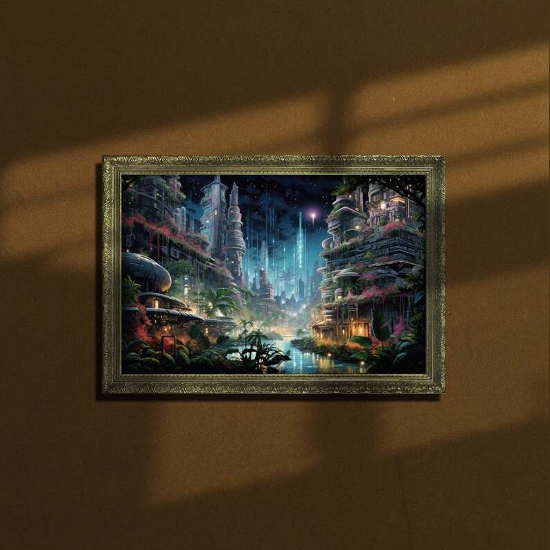 May include: A framed painting depicting a futuristic city with tall buildings, a river, and lush greenery. The city is lit up at night, with stars visible in the sky.