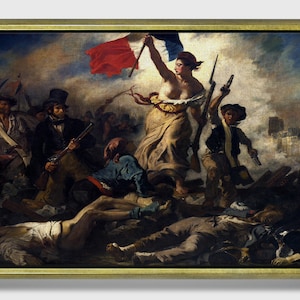 Wolność wiodąca lud na barykady (Eugène Delacroix 1830), reprodukcja na płótnie, klasyczna sztuka romantyzmu francuskiego