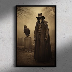 Dottore della peste con corvo, stampa artistica di fotografia vintage, Accademia oscura, decorazioni per la casa gotiche, Halloween, poster occulto gotico, stregoneria