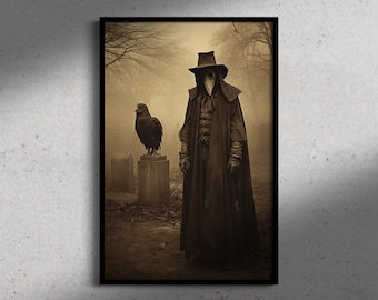 Plague Doctor with Raven, Vintage photography Art Print, Dark Academia, Gothic Home Decor, Halloween, Gothic Occult Poster, Witchcraft