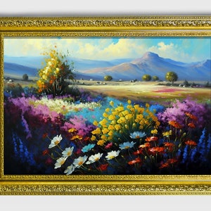 Belles fleurs sauvages, peinture à l'huile originale encadrée florale, impression sur papier d'art, art de fleurs sauvages, art classique, décor de ferme rustique