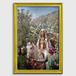 Drottning Guinevres majstavelse (John Collier), Medeltida konst, Kungliga porträtt, Historisk dekor, Konsttryck, Arthuriansk konst, Medeltida dekor Modern gold frame
