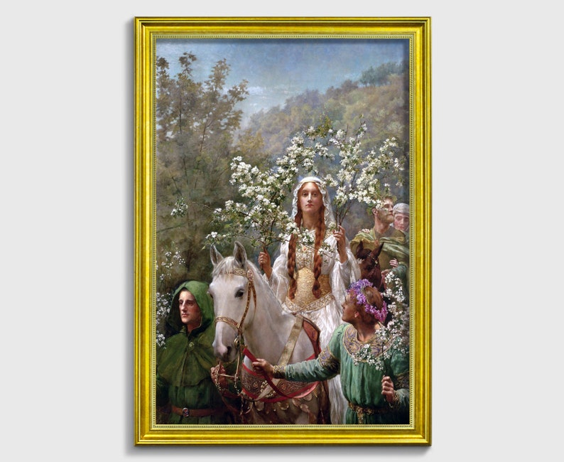 Drottning Guinevres majstavelse (John Collier), Medeltida konst, Kungliga porträtt, Historisk dekor, Konsttryck, Arthuriansk konst, Medeltida dekor Modern gold frame