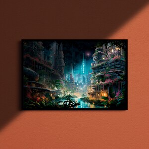 May include: A digital painting of a futuristic city with tall buildings and a river running through the center. The buildings are covered in greenery and have a cyberpunk aesthetic. The city is lit up at night, with glowing lights and stars in the sky.