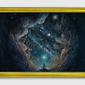 Sternenklare bewölkte Nacht, feiner Kunstdruck in Vintage Gold oder Bronze mit Rahmen, Milchstraße Galaxie Sternenhimmel Kunst