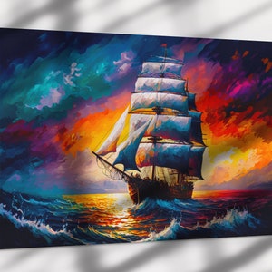 Majestic Ship at Sea Orginal Framed Oil Painting Print on Canvas | Unique Colorful Painting | Modern Impressionism | Framed Canvas Art
