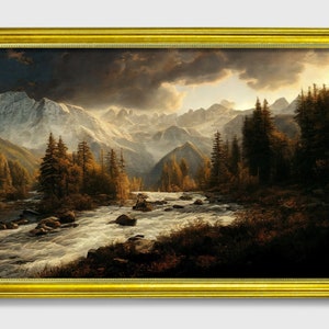 Puede incluir: Una pintura enmarcada que representa un paisaje de monta&ntilde;a con un r&iacute;o que fluye en primer plano. El cielo est&aacute; nublado y las monta&ntilde;as est&aacute;n cubiertas de nieve. La pintura est&aacute; en un marco dorado.
