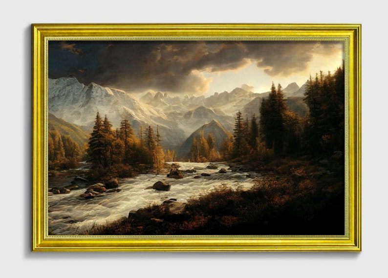 Puede incluir: Una pintura enmarcada que representa un paisaje de monta&ntilde;a con un r&iacute;o que fluye en primer plano. El cielo est&aacute; nublado y las monta&ntilde;as est&aacute;n cubiertas de nieve. La pintura est&aacute; en un marco dorado.