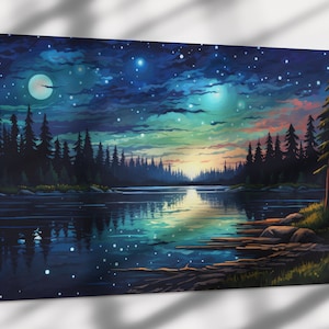Dreamy Night Forest Lake #3, Ölgemälde Druck auf Leinwand oder Fine Art Papier, cooles Wohnzimmer Bild, See bei Nacht, sternenklare Nacht, bunte Bilder