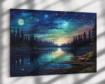 Dreamy Night Forest Lake #3, Oil Painting Print on Canvas or Fine Art Paper, cool living room art, lake at night, starry night, colorful art