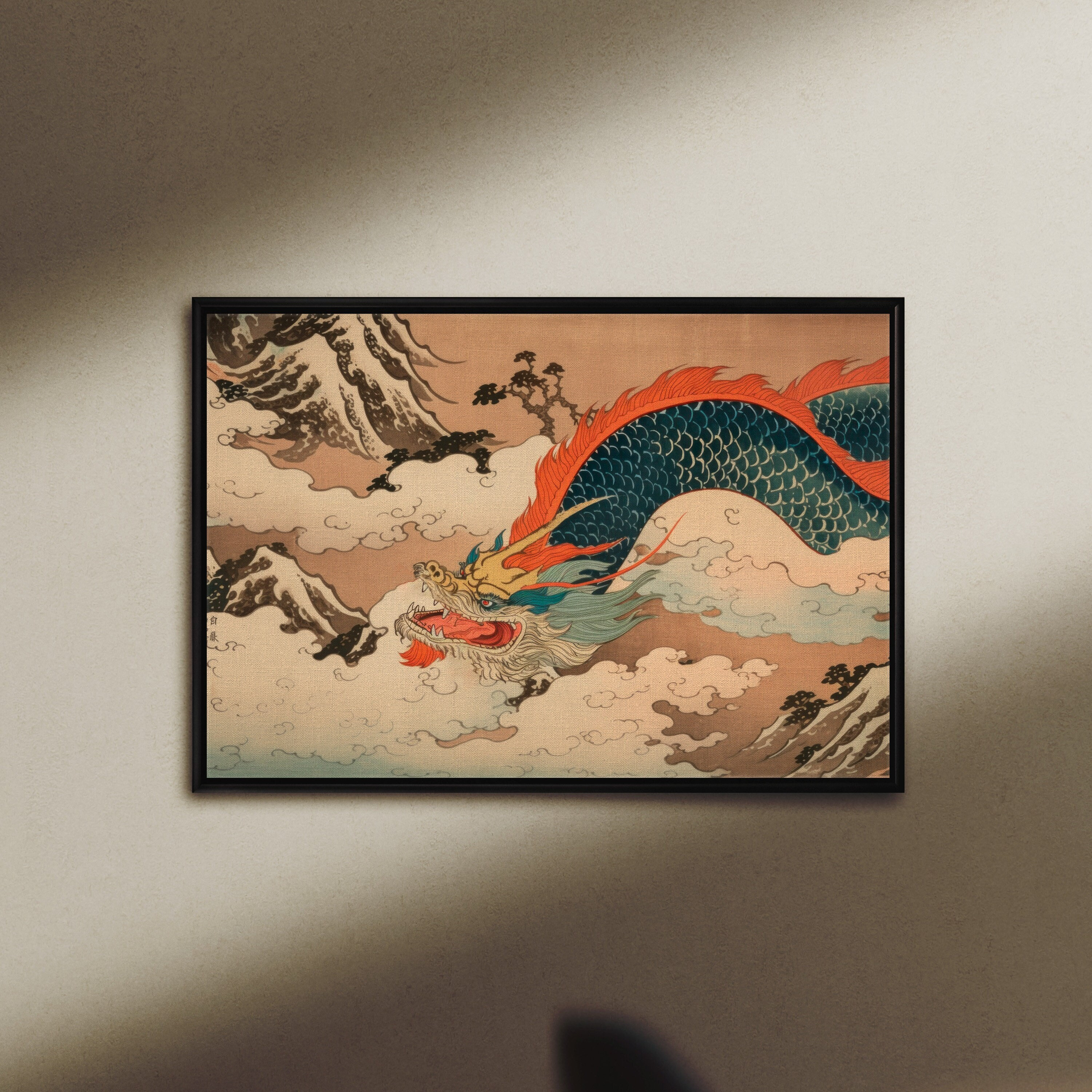 Dragon Soaring the Sky, Woodblock Style Print on Canvas or Fine