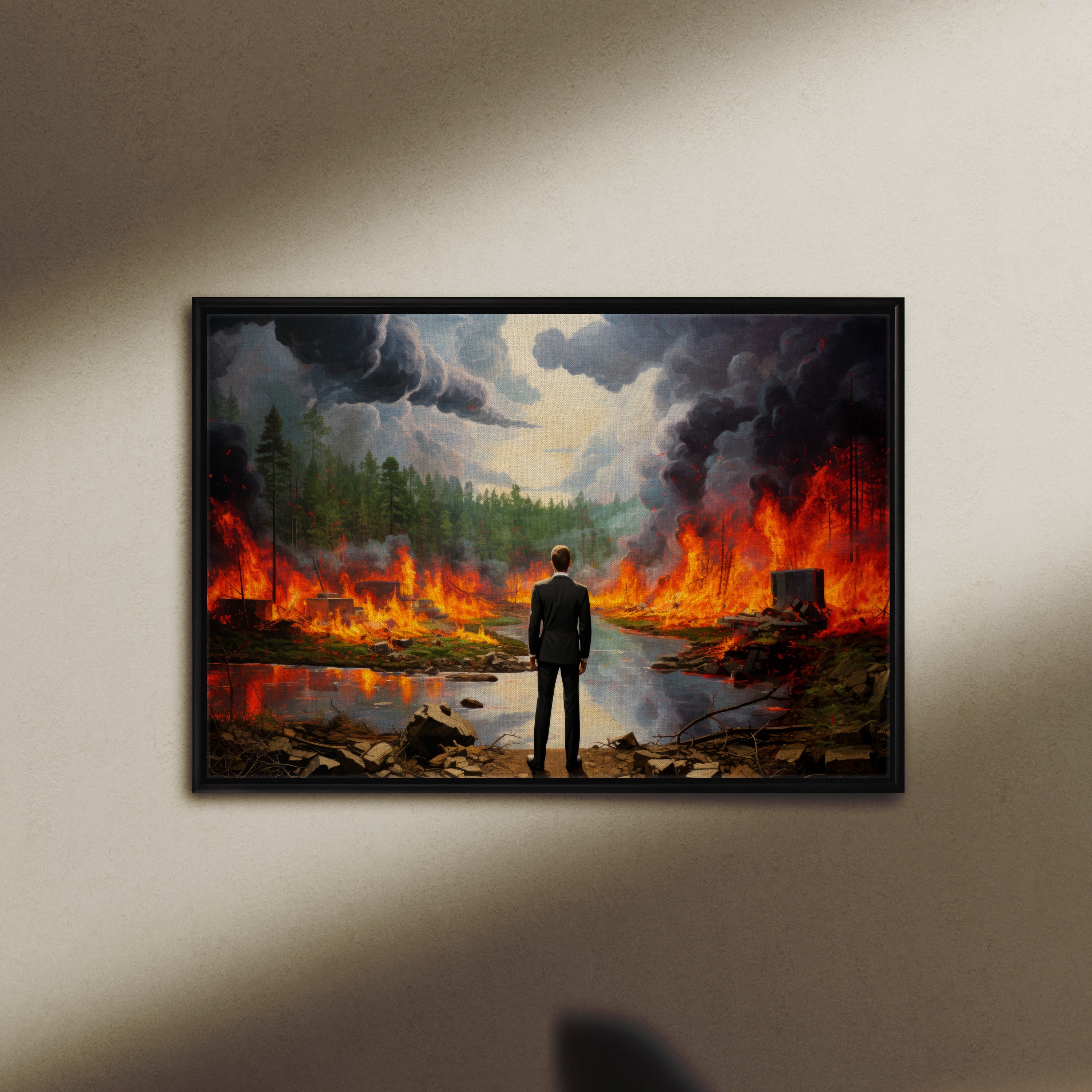 Watch the World Burn, Statement Art, Framed Oil Painting Print on