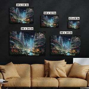 May include: A comparison of different sizes of a canvas print featuring a futuristic city with glowing lights and a river running through it. The print is available in 12x8 inches, 18x12 inches, 24x16 inches, 30x20 inches, and 36x24 inches.