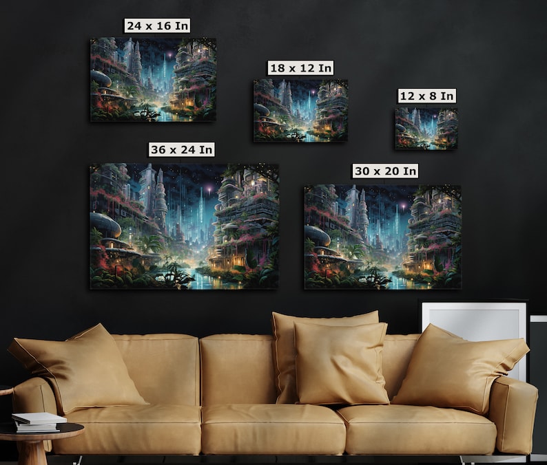 May include: A comparison of different sizes of a canvas print featuring a futuristic city with glowing lights and a river running through it. The print is available in 12x8 inches, 18x12 inches, 24x16 inches, 30x20 inches, and 36x24 inches.