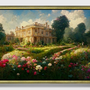 The garden, Framed original landscape Oil Painting Print on Canvas in Gold Frame