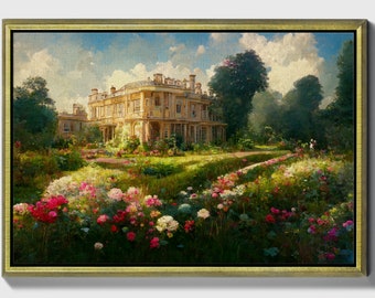 The garden, Framed original landscape Oil Painting Print on Canvas in Gold Frame