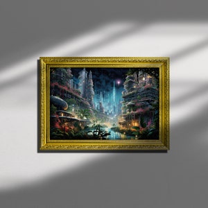 May include: A framed painting depicting a futuristic city with tall buildings and lush greenery. The city is lit up at night, with a starry sky above. The painting is framed in a gold frame.