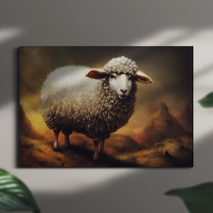 Mountain sheep, Framed original Oil Painting Print on Canvas in Decorative Floating Gold Frame