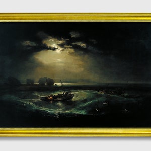 Pode incluir: Uma pintura que retrata uma paisagem mar&iacute;tima tempestuosa &agrave; noite com uma lua cheia brilhando atrav&eacute;s de nuvens escuras. Um pequeno barco com uma lanterna &eacute; sacudido pelas ondas, enquanto outros barcos est&atilde;o &agrave; dist&acirc;ncia.
