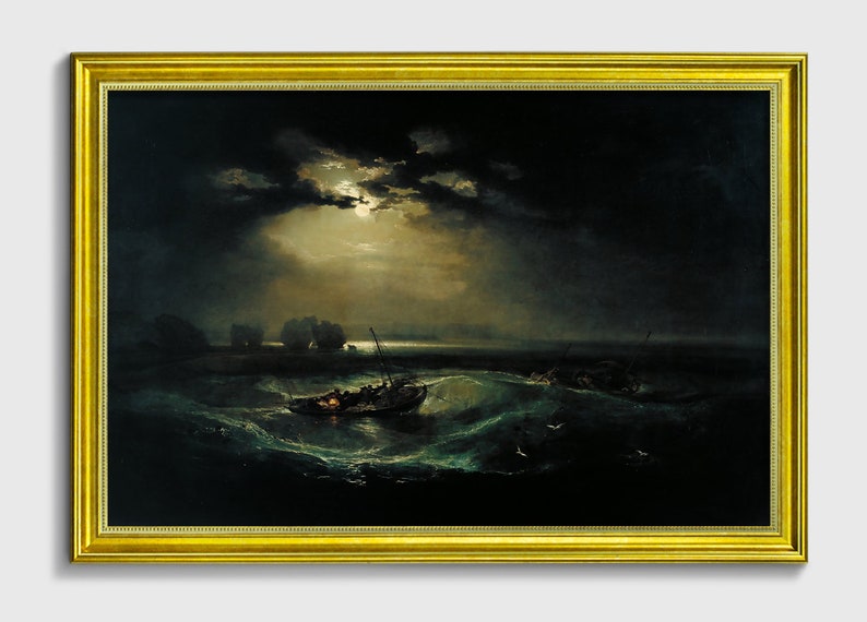 Pode incluir: Uma pintura que retrata uma paisagem mar&iacute;tima tempestuosa &agrave; noite com uma lua cheia brilhando atrav&eacute;s de nuvens escuras. Um pequeno barco com uma lanterna &eacute; sacudido pelas ondas, enquanto outros barcos est&atilde;o &agrave; dist&acirc;ncia.