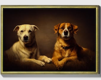 Best Buds, Framed original dogs Oil Painting Print on Canvas in Gold Frame