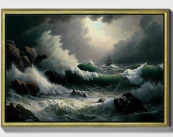 Tempestuous Waters, Framed original ship Oil Painting Print on Canvas in Floating Frame, Seascape art, Ready to hang wall decor,