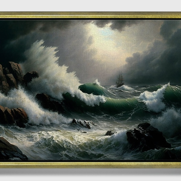 Tempestuous Waters, Framed original ship Oil Painting Print on Canvas in Floating Frame, Seascape art, Ready to hang wall decor,