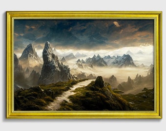 Berge, verschnörkelte Landschaft Ölgemälde Druck auf Kunstpapier Natur / Landschaftsmalerei