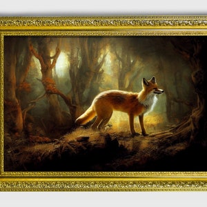 La volpe, volpe originale incorniciata ornata Stampa pittura a olio su carta fine art con cornice decorata in oro o bronzo