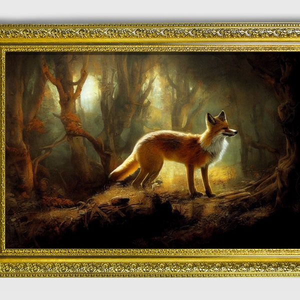 The fox, Ornate framed original fox Oil Painting Print on Fine Art Paper in Ornate Gold or Bronze Frame