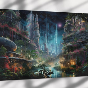 May include: A digital painting of a futuristic city with tall buildings covered in lush greenery. The city is lit by a bright blue light, and there is a river flowing through the center of the city.
