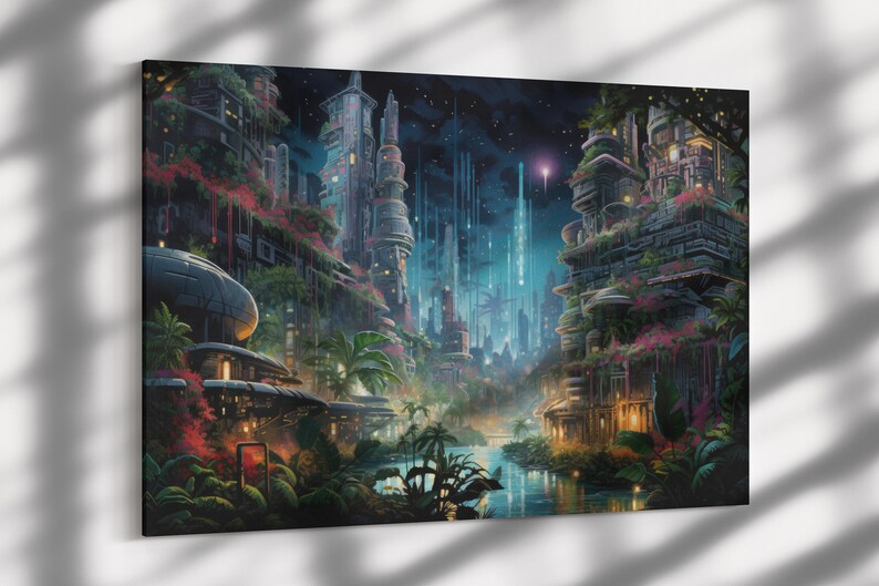 May include: A digital painting of a futuristic city with tall buildings covered in lush greenery. The city is lit by a bright blue light, and there is a river flowing through the center of the city.