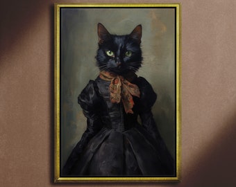 Black Cat in Victorian Dress, Oil Painting Print on Canvas, Art Canvas Print, Dark Academia, Victorian Cat, Witchy Decor, Gothic Home Decor