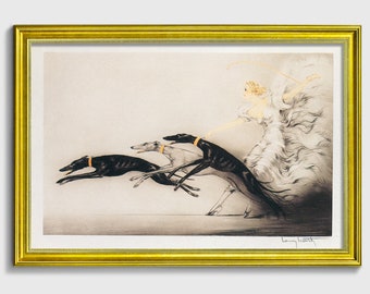 Vitesse - Speed II (Louis Icart) - Konstnärlig tavla med papper, Glamorös blondin, Torrnålsetning, Greyhound-konst, Art Deco Vintage-konst