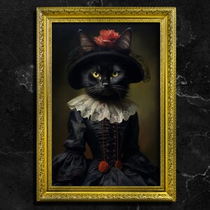Peut inclure: Un chat noir portant un chapeau noir avec une fleur rouge, un collier en dentelle blanche et une robe noire. Le chat est encadré dans un cadre doré.