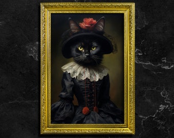 Black Cat in Black Victorian Dress, Vintage Fine art Print, Art Poster Print, Dark Academia, Victorian Cat, Witchy Decor, Gothic Home Decor