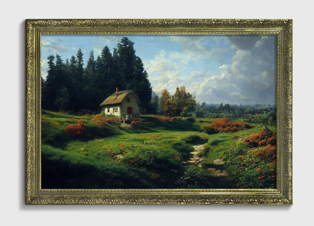 Cabin in the Field, Ornate Framed Original Landscape Oil Painting Print ...