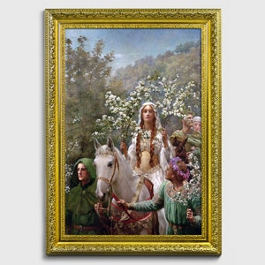Drottning Guinevres majstavelse (John Collier), Medeltida konst, Kungliga porträtt, Historisk dekor, Konsttryck, Arthuriansk konst, Medeltida dekor Vintage gold frame