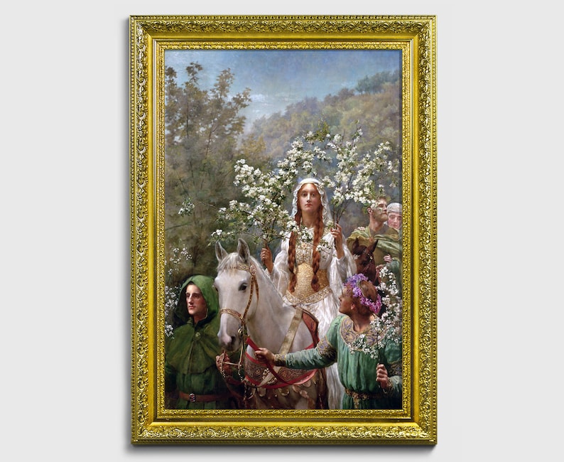 Drottning Guinevres majstavelse (John Collier), Medeltida konst, Kungliga porträtt, Historisk dekor, Konsttryck, Arthuriansk konst, Medeltida dekor Vintage gold frame