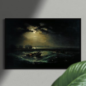 Pode incluir: Uma pintura que retrata uma paisagem mar&iacute;tima tempestuosa &agrave; noite com uma lua cheia brilhando atrav&eacute;s de nuvens escuras. Um pequeno barco com v&aacute;rias figuras &eacute; sacudido pelas ondas.