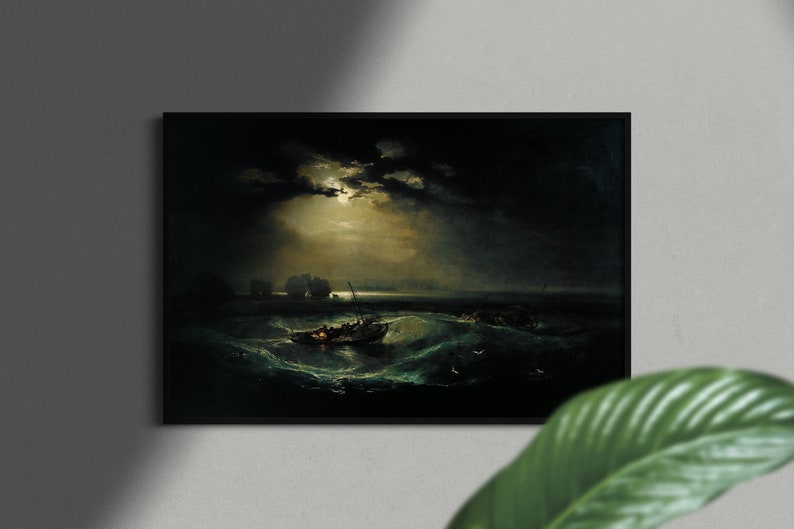 Pode incluir: Uma pintura que retrata uma paisagem mar&iacute;tima tempestuosa &agrave; noite com uma lua cheia brilhando atrav&eacute;s de nuvens escuras. Um pequeno barco com v&aacute;rias figuras &eacute; sacudido pelas ondas.