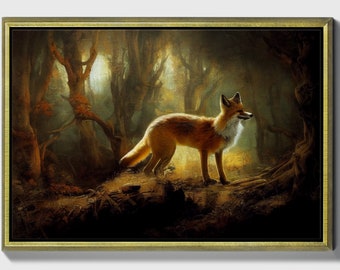 The Fox, Framed Original Oil Painting Print on Canvas in Gold Frame