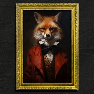 Victorian Red Fox, Vintage Oil Painting Print, Art Poster Print, Dark Academia, Gothic Home Decor, Victorian Era