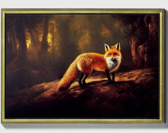Red Fox, Framed original fox Oil Painting Print on Canvas in Gold Frame