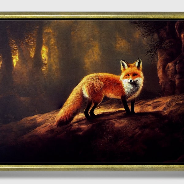 Renard roux, peinture à l'huile de renard originale encadrée sur toile dans un cadre doré